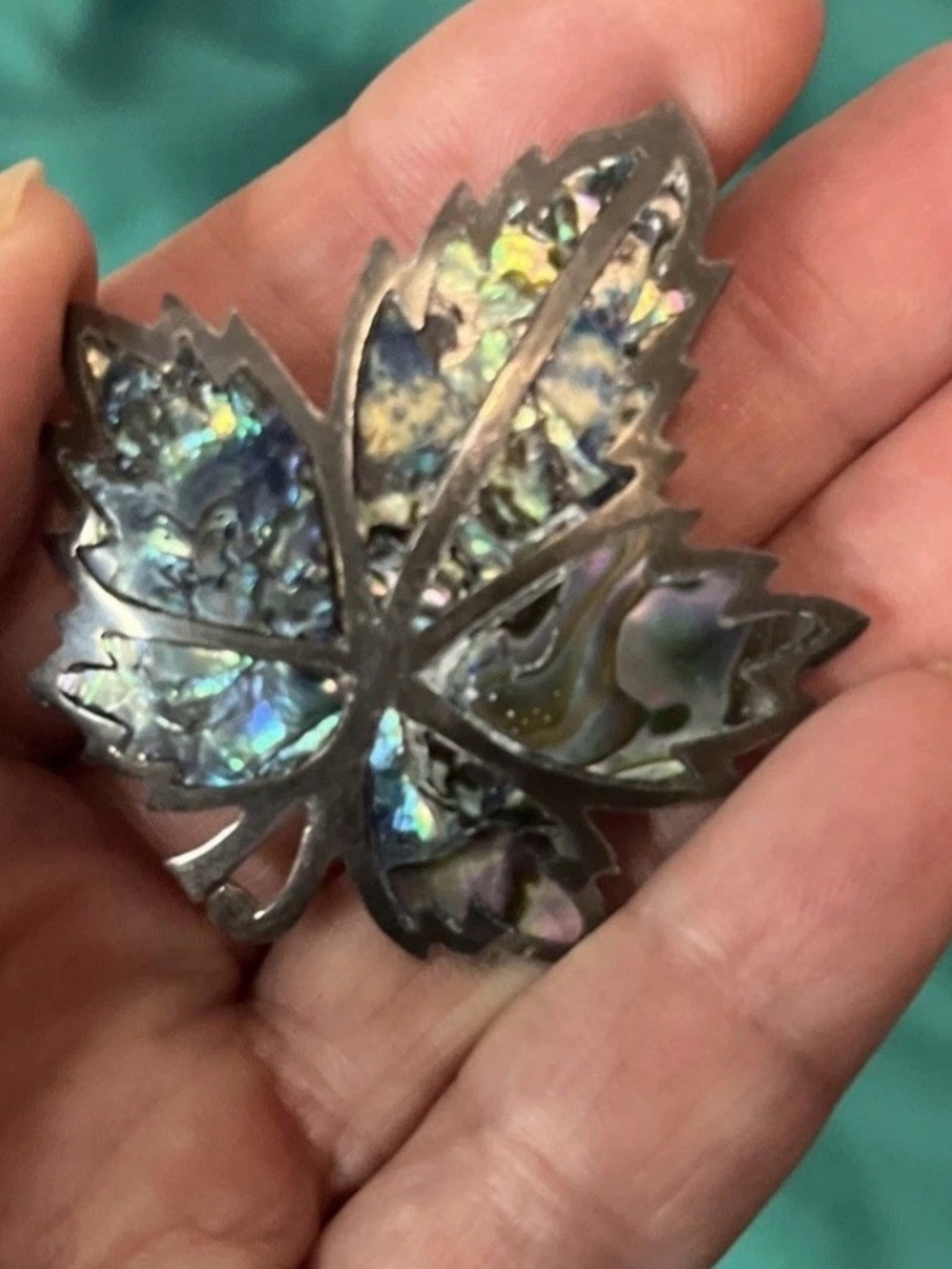 Vintage 925 Mexico Sterling Silver Abalone Maple Leaf Brooch Pin